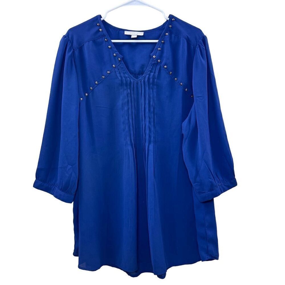 Woman Within Plus Size 22 Blue Studded V-Neck Blouse 3/4 Sleeve